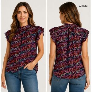 "Love"- Print Pleated Cap-Sleeve Blouse - 7th Avenue by New York & Company